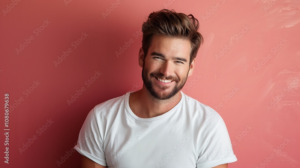 A smiling man in a casual white shirt against a pink background. A smiling man in a casual white shirt against a pink background.