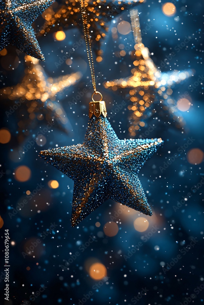 An elegant winter-themed backdrop featuring cascading blue and golden stars with intricate snowflakes, ideal for Christmas and New Year designs and celebrations. An elegant winter-themed backdrop featuring cascading blue and golden stars with intricate snowflakes, ideal for Christmas and New Year designs and celebrations.