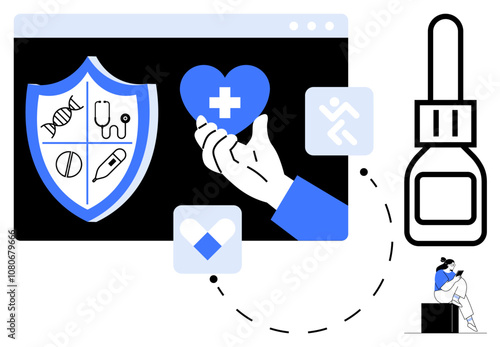 Hand holding heart with cross on screen, medical shield, health bottle, woman sitting with laptop. Ideal for telemedicine, healthcare apps, wellness, medical websites, online pharmacies caregiving