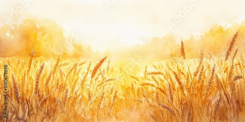 A beautiful watercolor painting of a golden wheat field at sunrise, capturing the warmth and tranquility of the countryside.
