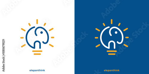 Simple Elephant Bulb Logo. Abstract Elephant and Lightbulb with Line Style. Big Think Logo, Icon, Symbol, Vector, Design Inspiration.
