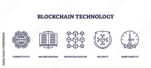 Blockchain technology icons depict connectivity, decentralization, and security. Outline icons set.