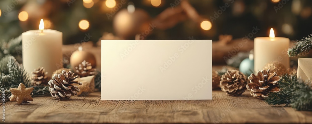 Fototapeta premium Blank greeting card on rustic table, surrounded by holiday decor, cozy vibe, mockup, card layout preview
