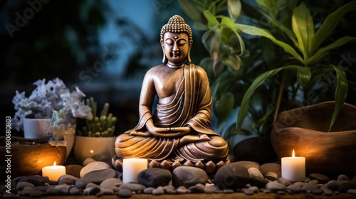 Buddha figure with a serene smile, set against a backdrop of flowing water and smooth pebbles in a Zen garden.