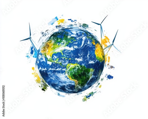 Earth with wind turbines, colorful illustrations, white isolated background