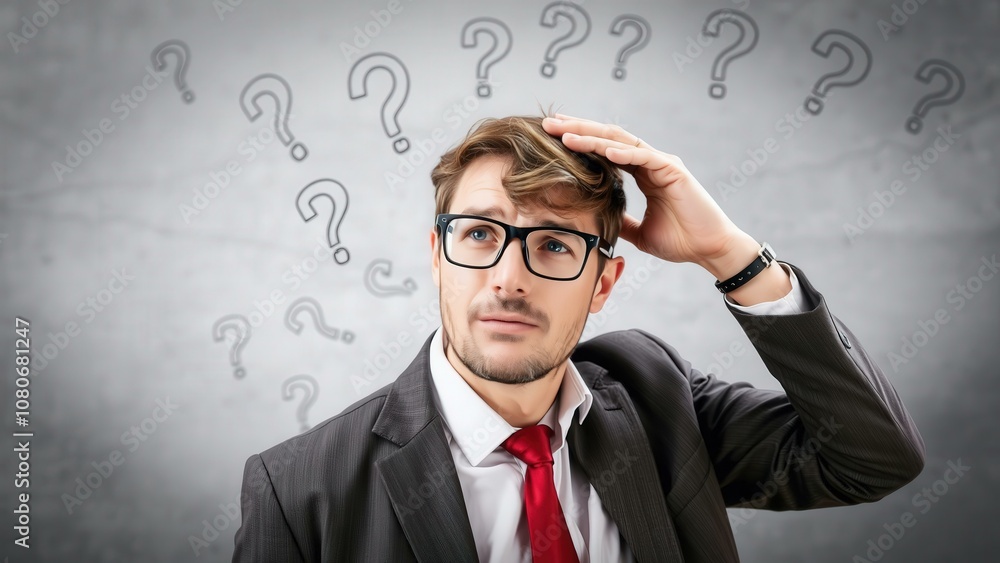 Confused Businessman in Suit Scratching Head with Question Marks - Perfect for Business Concepts, Problem-Solving, and Confusion Themes Confused Businessman in Suit Scratching Head with Question Marks - Perfect for Business Concepts, Problem-Solving, and Confusion Themes