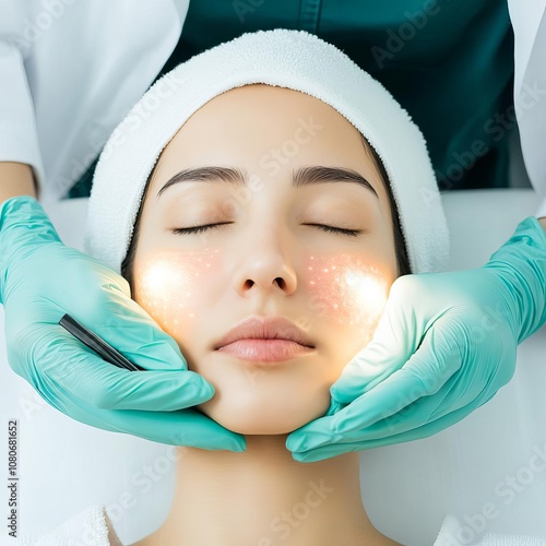 Dermatologist examining a patient s skin under bright lights, focus on detail, skin care, examination photo