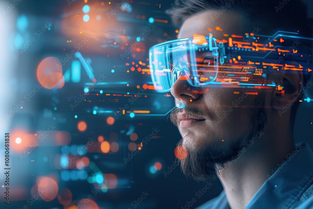 Close-up of a man wearing augmented reality glasses, surrounded by digital data visualizations and futuristic interface elements, symbolizing advanced technology and innovation. Close-up of a man wearing augmented reality glasses, surrounded by digital data visualizations and futuristic interface elements, symbolizing advanced technology and innovation.