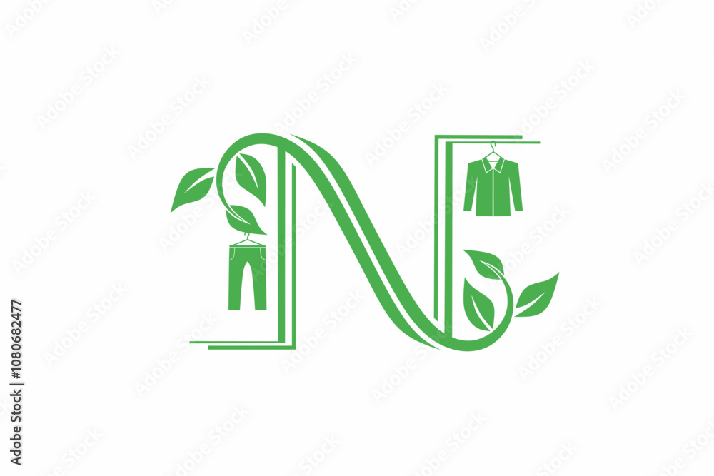 Eco-friendly clothing brand logo illustration vector design featuring letter 'N' decorated with leaves and hanging clothes, symbolizing sustainability and fashion. Perfect for eco-conscious themes. Eco-friendly clothing brand logo illustration vector design featuring letter 'N' decorated with leaves and hanging clothes, symbolizing sustainability and fashion. Perfect for eco-conscious themes.