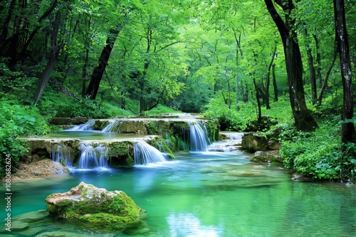 Lush green forest with cascading waterfalls in clear turquoise water, serene natural landscape in high-definition photography