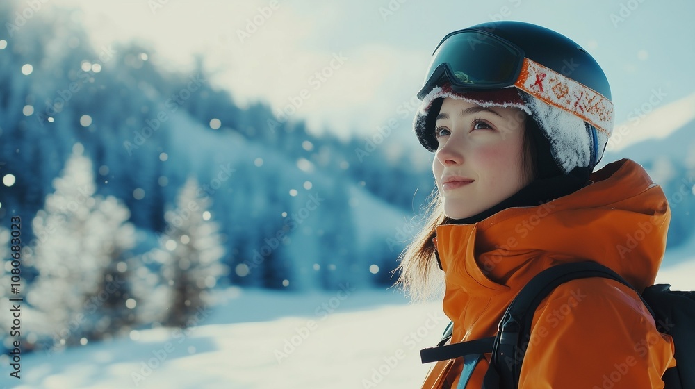 Banner with free space for text, young woman in winter gear preparing to ski at winter resort Banner with free space for text, young woman in winter gear preparing to ski at winter resort