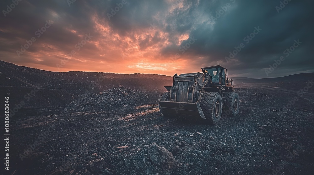 Heavy construction vehicle working in a rugged quarry during a dramatic sunset with clouds and shadows creating a striking industrial landscape Heavy construction vehicle working in a rugged quarry during a dramatic sunset with clouds and shadows creating a striking industrial landscape