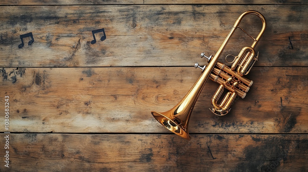Golden Trumpet on a Weathered Wooden Background with Musical Notes Golden Trumpet on a Weathered Wooden Background with Musical Notes