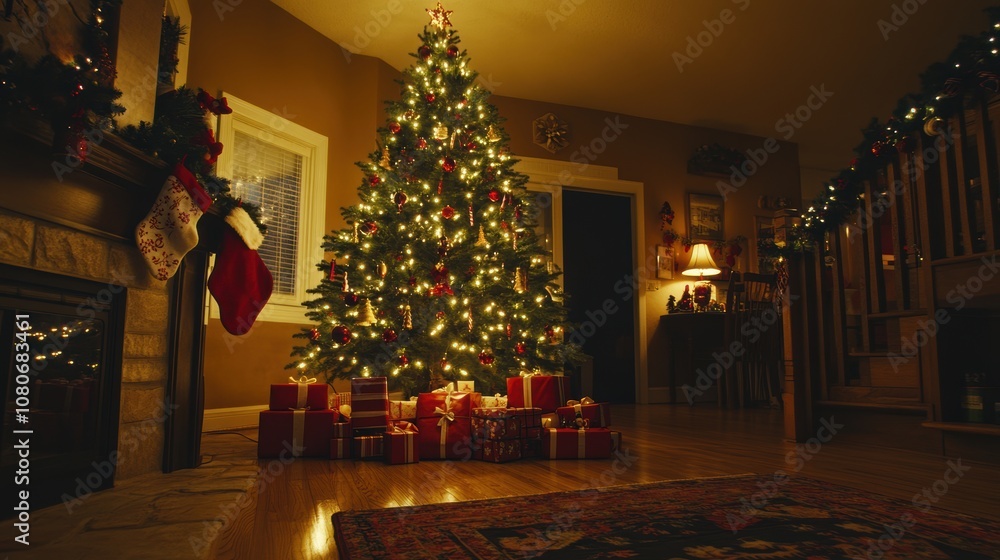 Fototapeta premium Beautifully decorated Christmas tree with glowing lights and colorful ornaments, presents arranged underneath