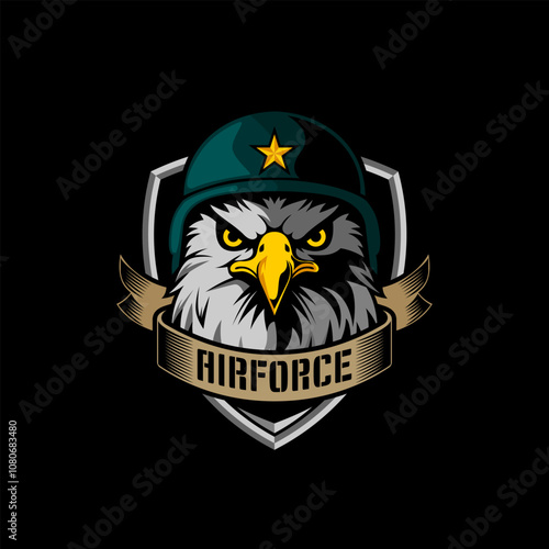 Eagle logo design, eagle wearing military helmet in shield and banner logo design vector.