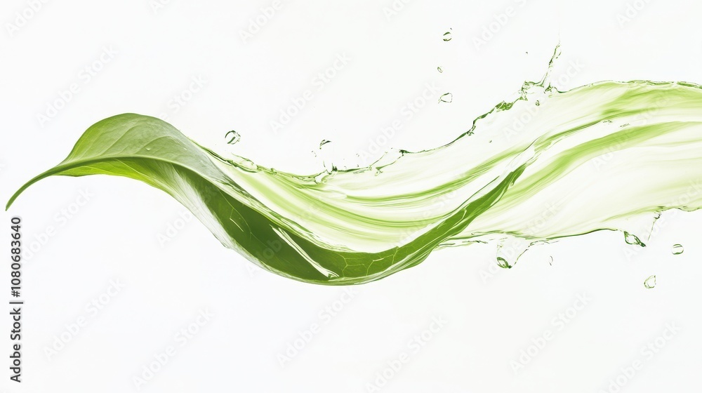 Green leaf with swirling water droplets on a white isolate background. Green leaf with swirling water droplets on a white isolate background.