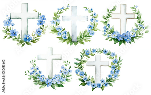 Set of painted crosses in flower wreaths