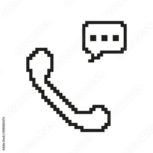 Pixelated Phone Receiver with Speech Bubble Icon. Communication and Call Symbol in Pixel Art Style. Contact and Customer Service. Isolated Vector Illustration