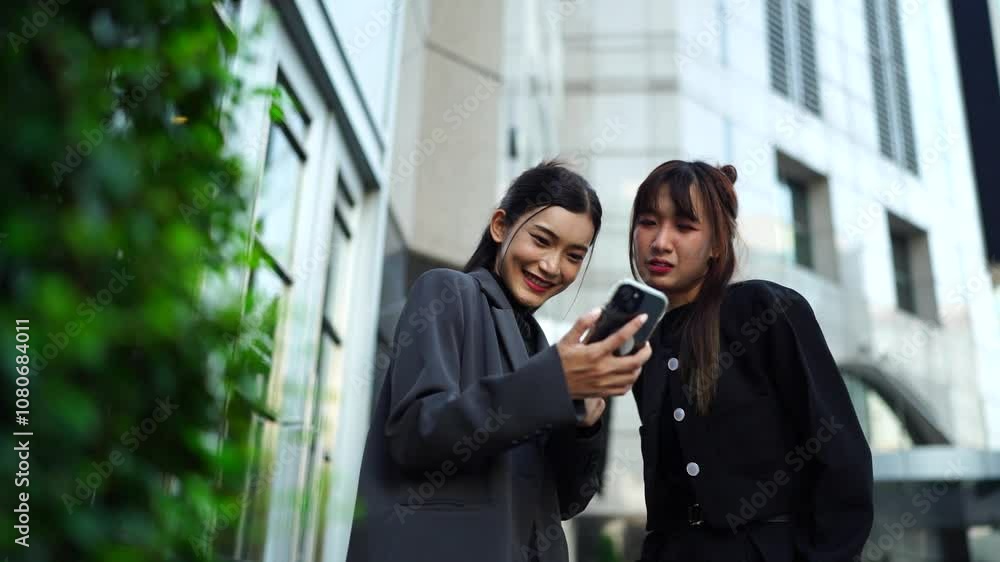 Two young Asian businesswomen outside their company with a skyscraper in the background.