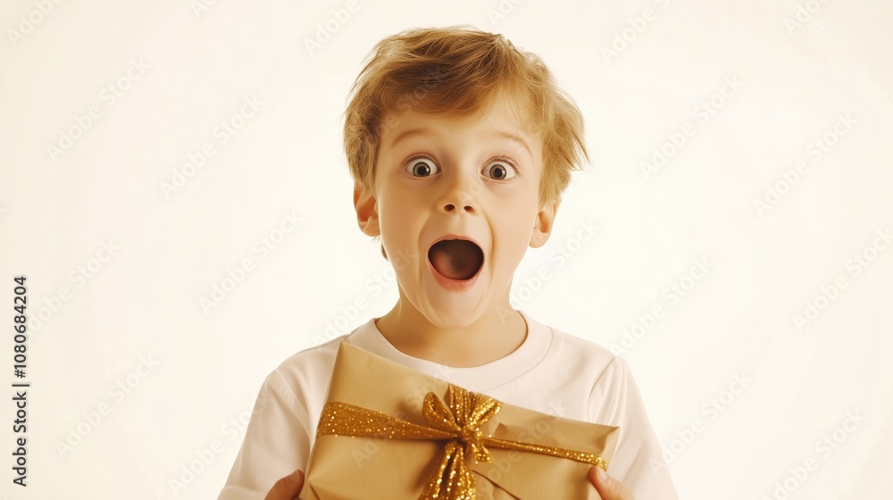 Excited Little Boy with a Gift Enjoying the Moment of Surprise and Joy While Celebrating a Special Occasion in a Bright and Cheerful Setting Excited Little Boy with a Gift Enjoying the Moment of Surprise and Joy While Celebrating a Special Occasion in a Bright and Cheerful Setting
