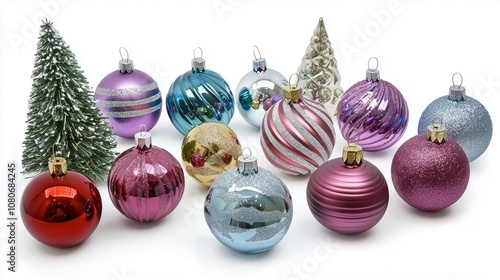 Colorful Christmas Ornaments Collection Featuring Various Designs and Styles with a Decorative Christmas Tree and a Festive Presentation