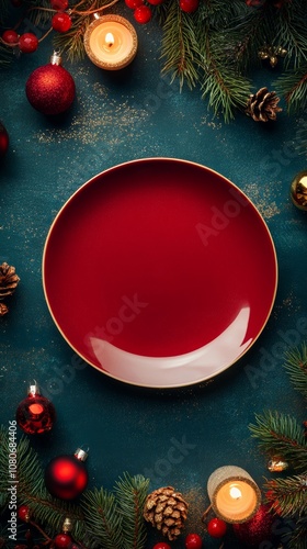 Red plate with christmas decoration on teal background for holiday dinner