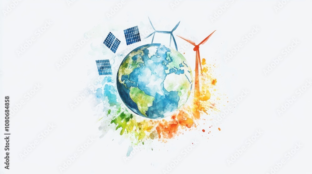 Naklejka premium Illustration of Earth with renewable energy symbols in vibrant colors.