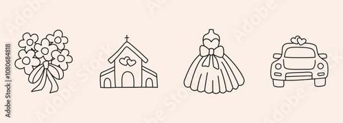 Wedding hand drawn doodle icon set - bouquet of flower, dress, church, car. Sketch in organic style vector marriage symbol on white background for festive decoration invitation, card, banner, menu.