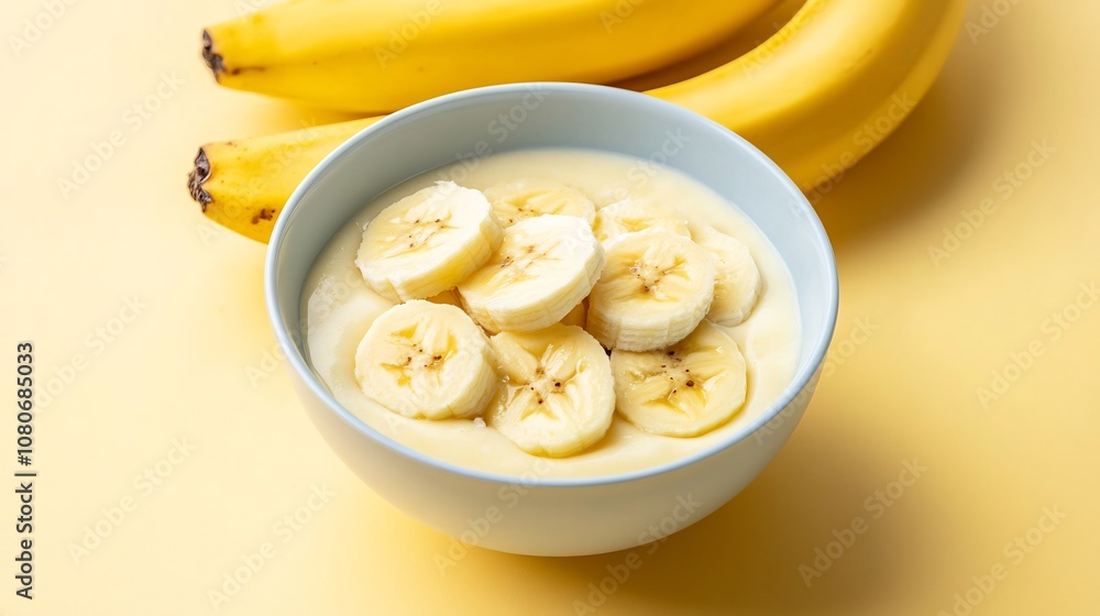 Appetizing Sliced Banana Smoothie Bowl Overhead View on Light Background Appetizing Sliced Banana Smoothie Bowl Overhead View on Light Background