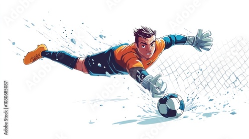 a 2D cartoon illustration of a soccer goalie diving to save a goal, determined and quick, white background--ar 16:9