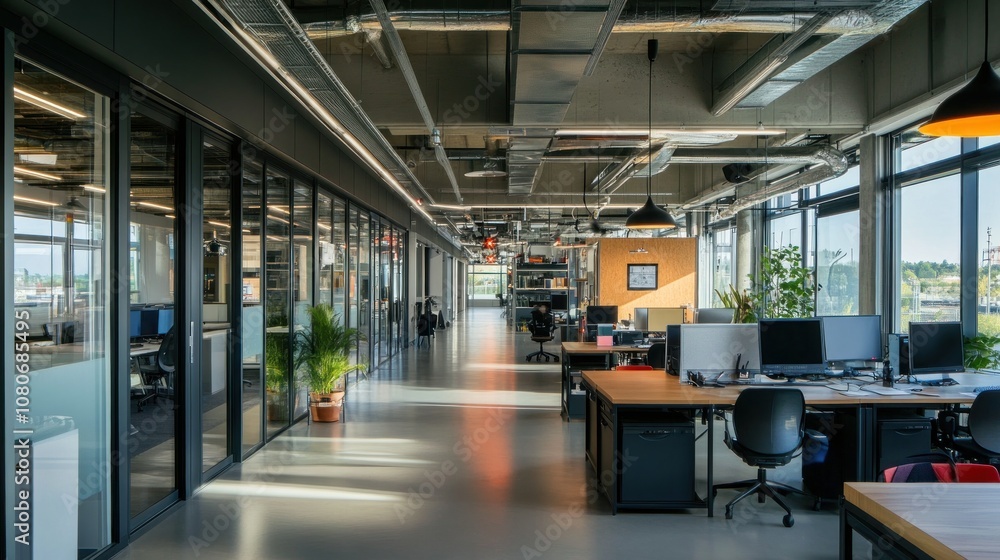 Modern Office Interior with Desk, Chairs, and Windows Modern Office Interior with Desk, Chairs, and Windows