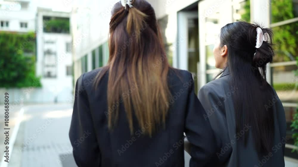 Two young Asian businesswomen outside their company with a skyscraper in the background. Two young Asian businesswomen outside their company with a skyscraper in the background.