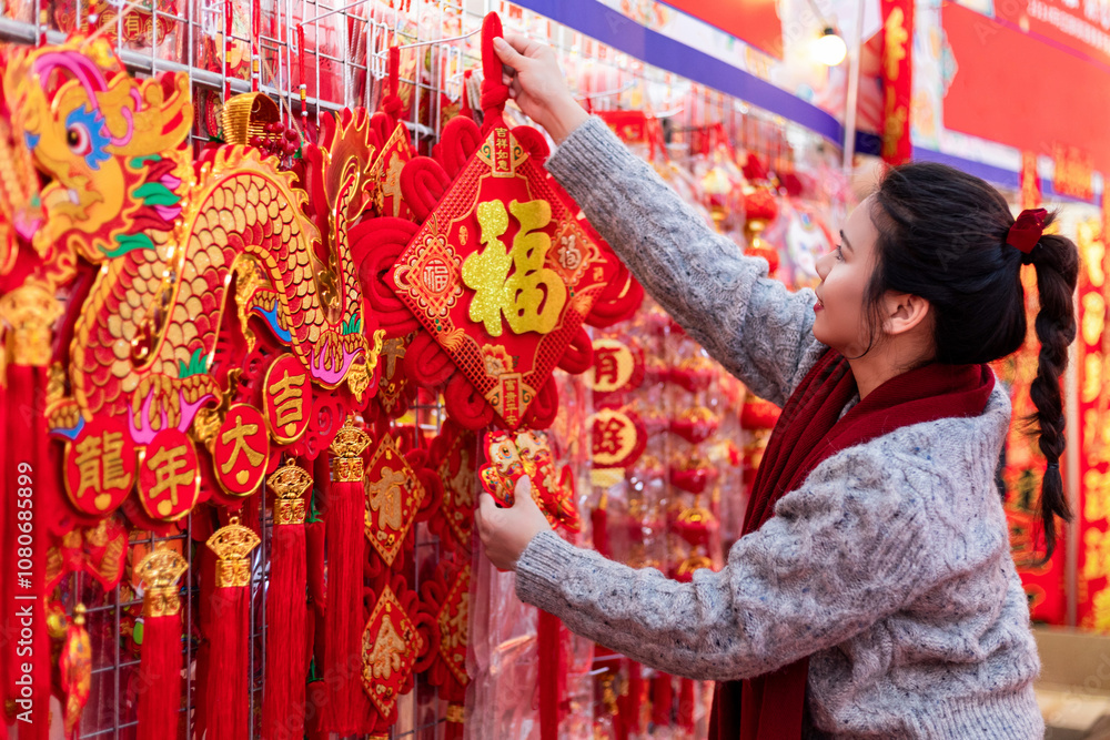 Obraz premium A young woman strolls through the flower street during Chinese New Year