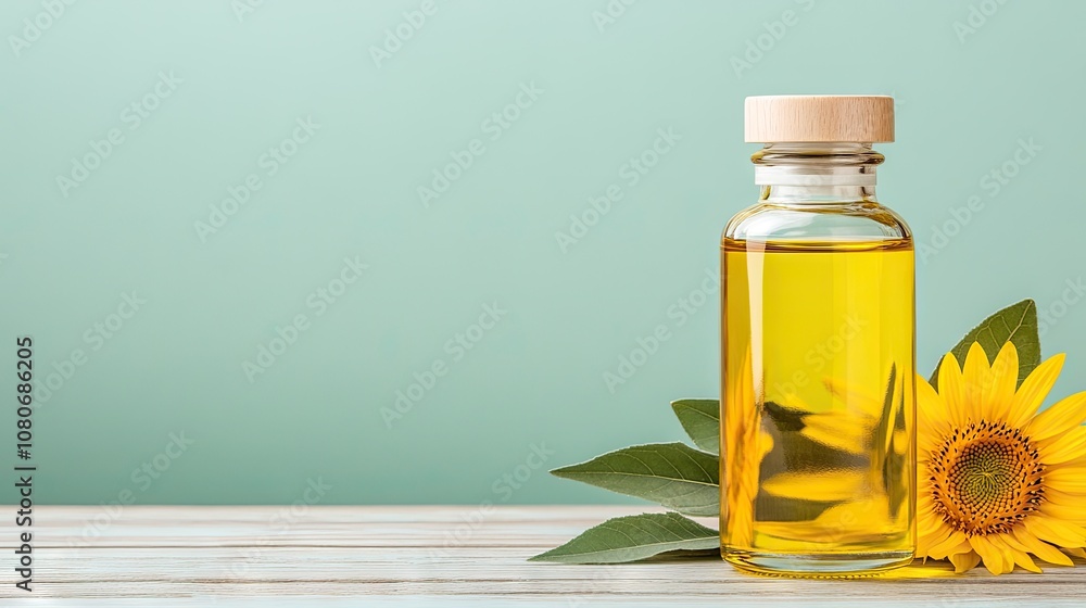 Sunflower oil bottle with fresh sunflowers on a wooden table against a soft green backdrop, ideal for culinary and beauty uses Sunflower oil bottle with fresh sunflowers on a wooden table against a soft green backdrop, ideal for culinary and beauty uses