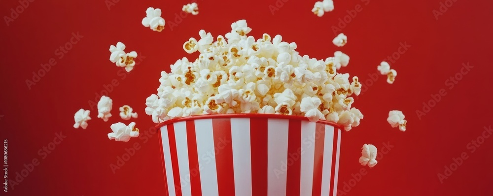 Popcorn exploding from striped bucket on red background Popcorn exploding from striped bucket on red background