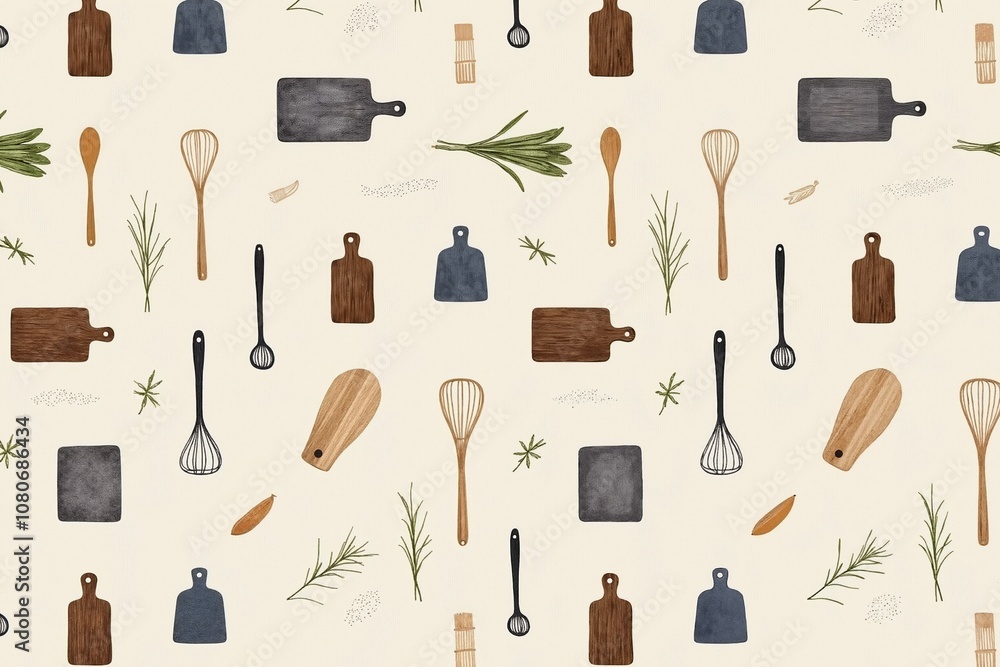 Seamless kitchen utensils pattern with cutting boards and whisks in earth tones. Seamless kitchen utensils pattern with cutting boards and whisks in earth tones.