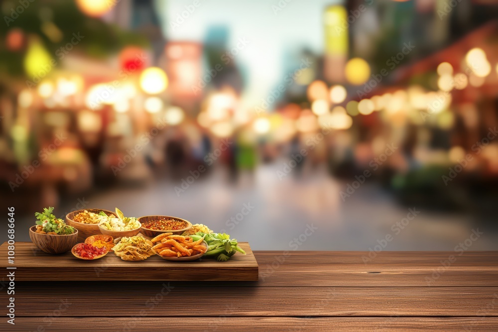 Fototapeta premium A selection of vibrant street food dishes on a wooden board, set against a blurred festive market background.