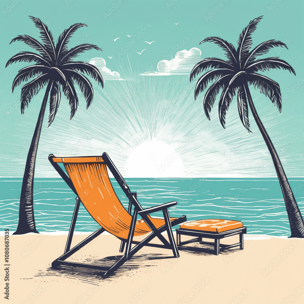 Relaxation Slogan with Beach Chair and Palm Trees for Fashion Print Relaxation Slogan with Beach Chair and Palm Trees for Fashion Print