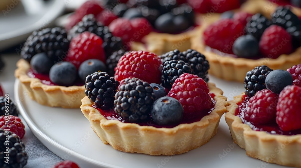 A platter of delicious berry tarts featuring raspberries, blackberries, and blueberries. A platter of delicious berry tarts featuring raspberries, blackberries, and blueberries.
