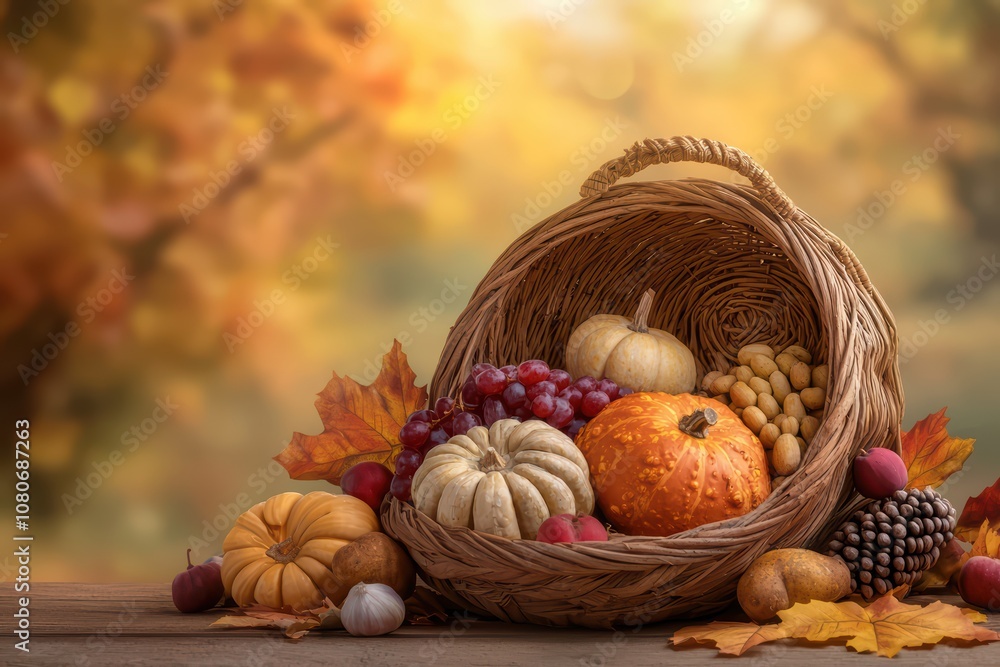 A warm harvest basket filled with pumpkins, grapes, and autumn leaves, showcasing seasonal abundance. A warm harvest basket filled with pumpkins, grapes, and autumn leaves, showcasing seasonal abundance.