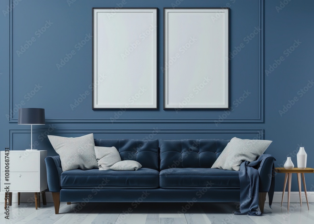 A stylish living room with a blue velvet sofa. two empty picture frames. a small table. and a rug A stylish living room with a blue velvet sofa. two empty picture frames. a small table. and a rug