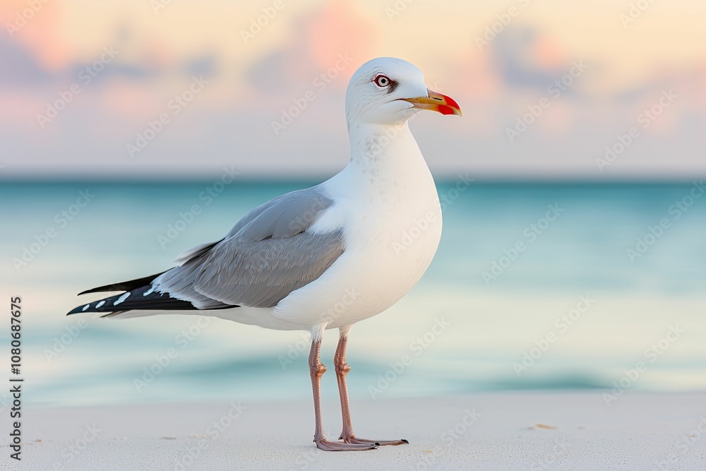 Obraz premium A seagull stands on a sandy beach with a serene ocean backdrop, showcasing its elegant profile against a pastel sky.