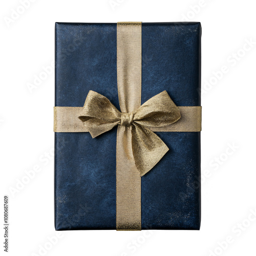 A sophisticated gift box covered in navy blue wrapping paper with a gold ribbon and bow