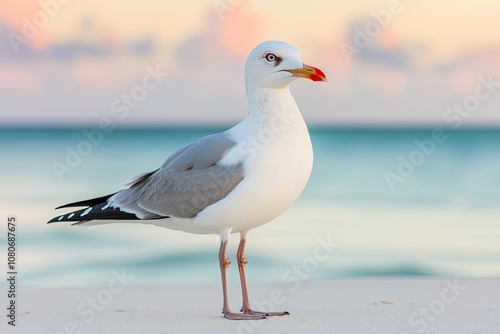 Wallpaper Mural A seagull stands on a sandy beach with a serene ocean backdrop, showcasing its elegant profile against a pastel sky. Torontodigital.ca