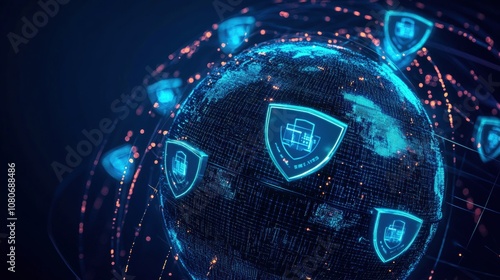 Digital security concept with glowing network shields on a globe, representing data protection.