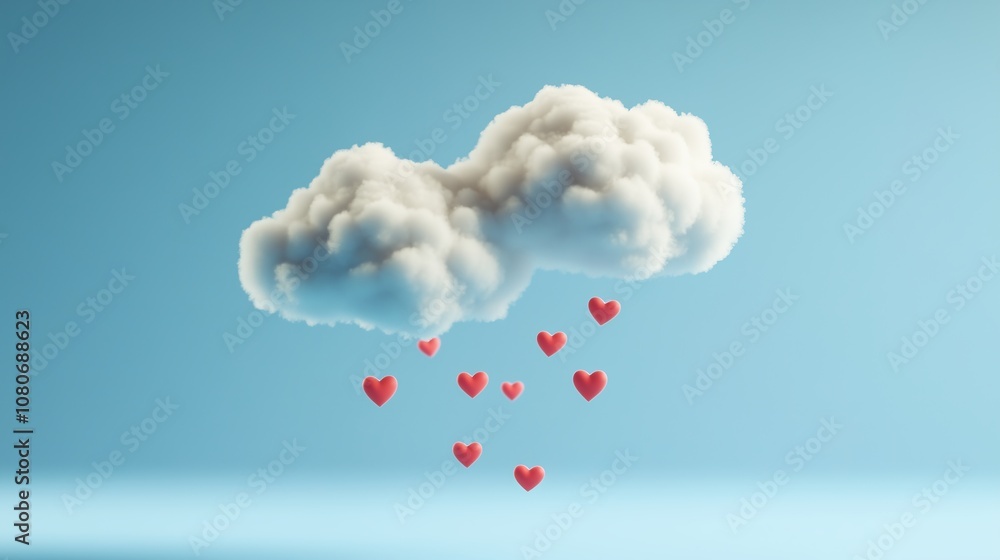 White fluffy clouds floating in the air, with red hearts which flying against a blue background. White fluffy clouds floating in the air, with red hearts which flying against a blue background.
