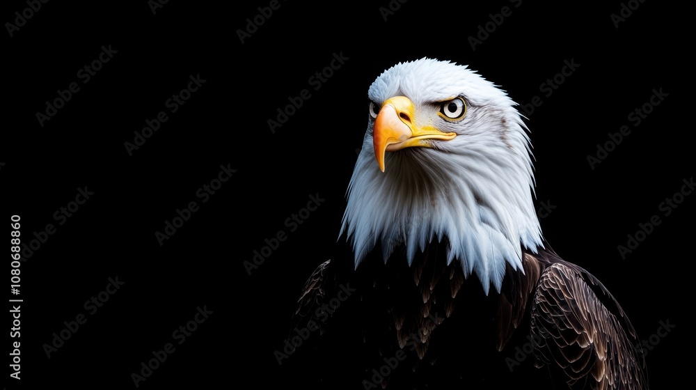 Obraz premium Powerful bald eagle with a white head, looking intently, detailed feathers in contrast with the black background.