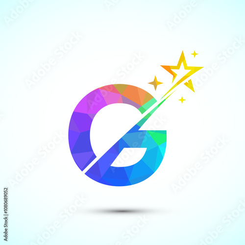 Initial alphabet G with swoosh and star logo icon. Abstract star logo sign symbol design