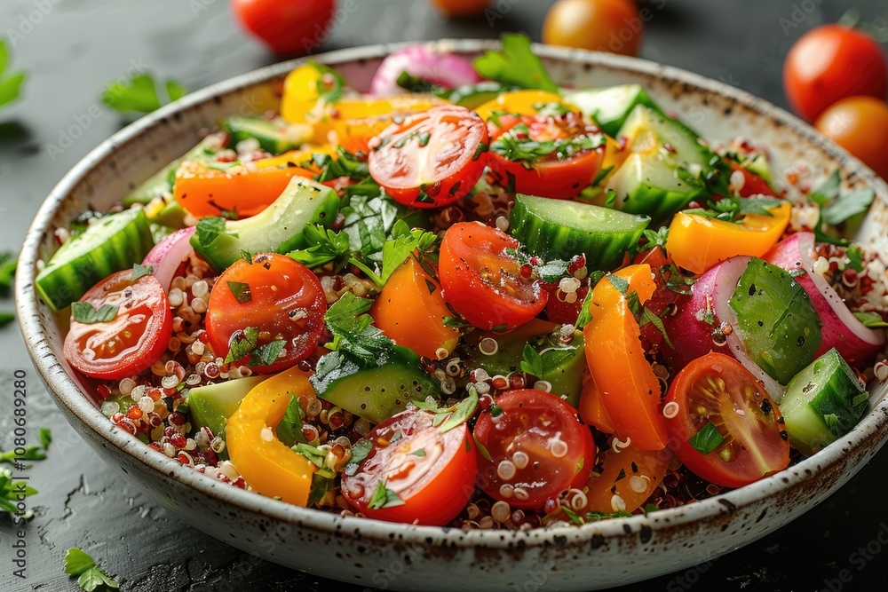 Close-up of Quinoa Salad with Cherry Tomatoes, Cucumber, Bell Peppers, and Parsley Close-up of Quinoa Salad with Cherry Tomatoes, Cucumber, Bell Peppers, and Parsley