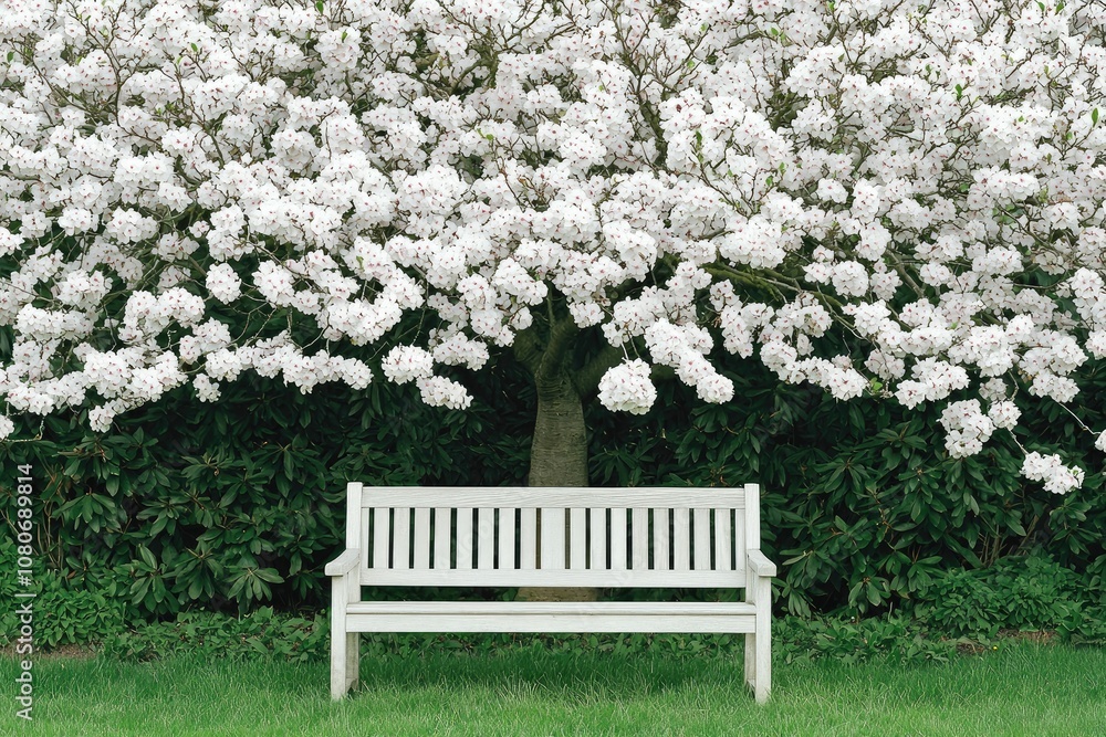 A serene park scene featuring a white wooden bench under a lush, blooming tree with white flowers, surrounded by green grass. A serene park scene featuring a white wooden bench under a lush, blooming tree with white flowers, surrounded by green grass.
